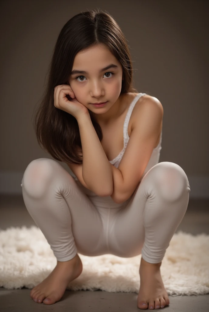 10 year old Girl, white tight leggins, T Shirt, Gymnastic, bare foot, flat small breasts, 10 year old Girl