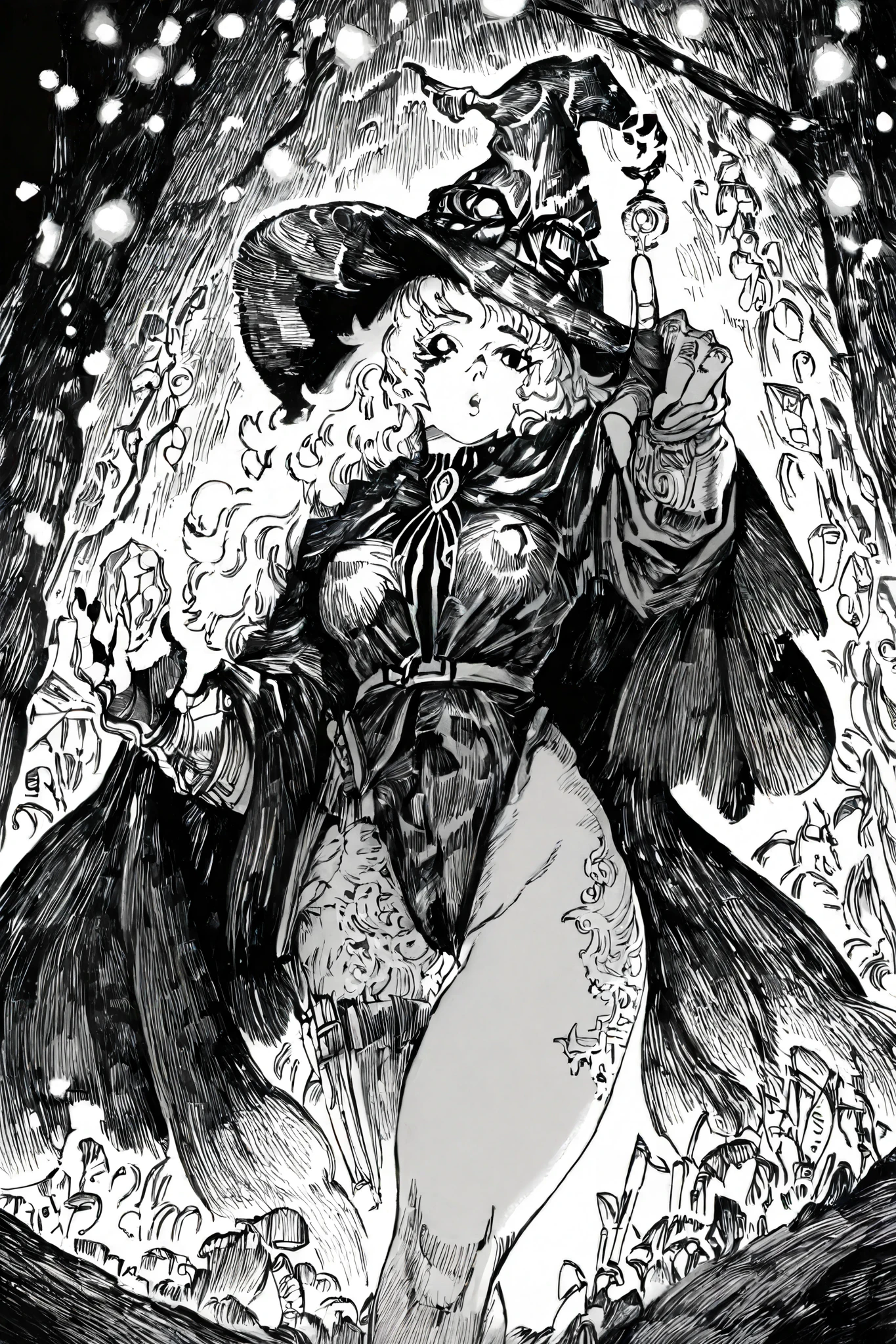 HDR, 8K, high contrast, masterpiece, best quality, amazing quality, very aesthetic, anime artstyle, realistic, newest,
BREAK
bounce light, hyperdetailed, detailed hair strands, detailed fibers, greyscale, (intricate hatching: 1.4)
masterpiece, semi-realism, monochrome, manga, inking, detailed, hyperdetailed,
engraving artstyle, hatching /texture/, contour lines, monchrome, greyscale, masterpiece.hyperdetailed, absurdres, detailed background, foreshortening, perspective, dynamic angle, very aesthetic, 1girl, black wavy hair, standing, confident pose, witch's hat, intricate witch's outfit, leotard under outfit, curvy, fine body. decorative crystals and threads, detailed background, blurry foreground, floating particles, dim lighting,