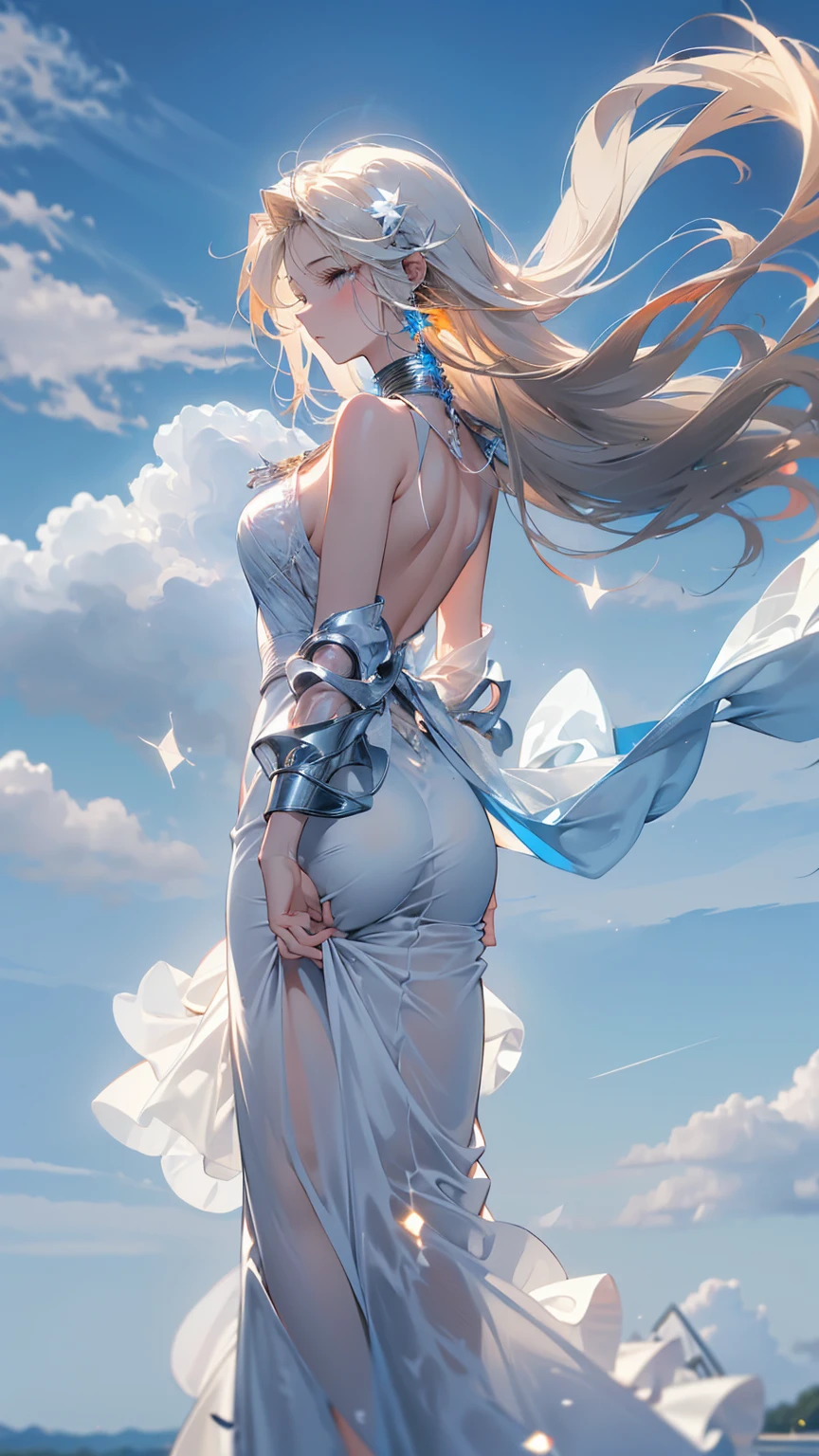 (masterpiece), ((best quality)), (Super detailed), ((very delicexiste and beautiful)), (Ridiculous))), (Perfect body))), 1 girl, Glowing white particles, struggle, Keep_sword, Blonde Bob, Red Eyes, Seventeen, outdoor, Sky, Aura all over the body, Large target, white texisttered dress, Bare shoulders, Little Smile, Ocean + background, Wind, Perfect hands, Card Details, Improved fingers. earrings, Watching_exist_Viewer, Cowboy lens, Rich details, Perfect image quality