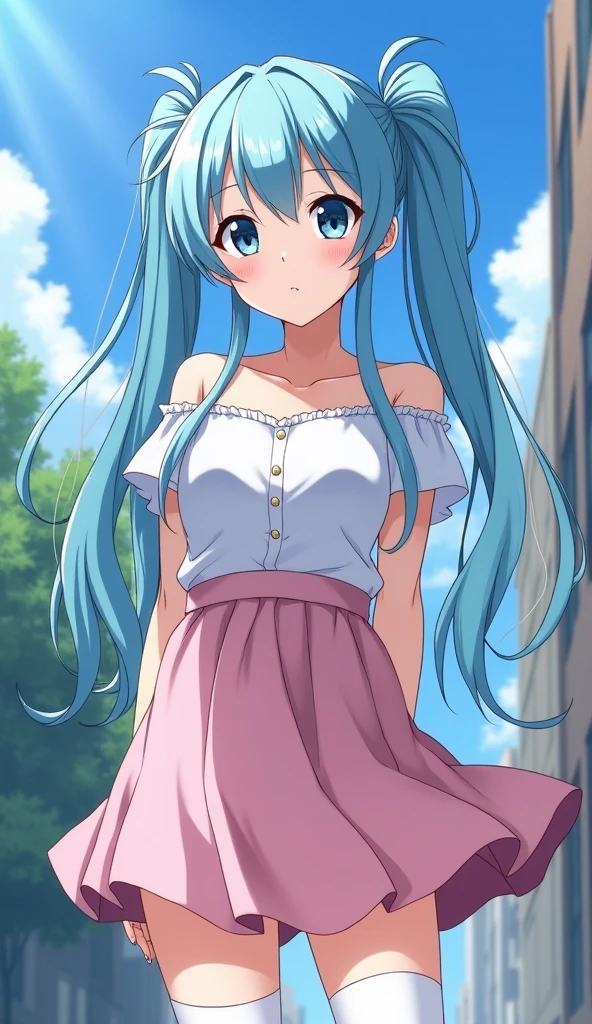 (Anime artwork, Anime Style, Studio Anime, Very detailed, Latest, Vibrant, Anime Coloring Book, High Contrast, masterpiece:1.2, highest quality, Best aesthetics), White dress、High Knee Socks, Big Breasts, I can see a glimpse of my thighs, Blue Hair, Straight long hair, Asymmetrical bangs, Perfect Proportions, Skin with attention to detail, cute, Detailed face, Low angle shot:1.2, (Accurate fingertips, Browse 4, Thumb 1),Cherry tree、The wind is blowing、Smile、White teeth are visible