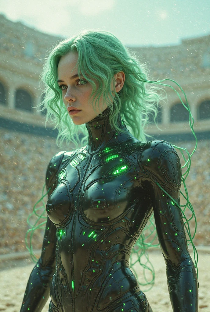 a woman with short green hair and green eyes, with xmen uniform 