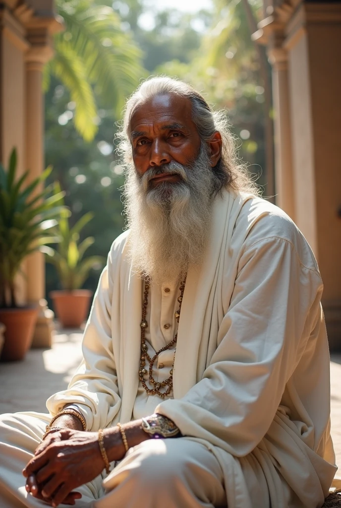 Middle Asian Man,white hair,beard,staring directly at camera,Cross-legged meditation, at centre,Clear facial features,Background Black, light Particle, Facing the front, Musif, Wallpaper Art, UHD Wallpapers、
