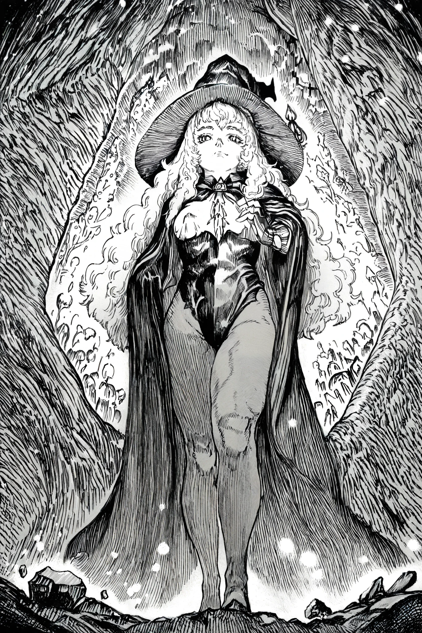 HDR, 8K, high contrast, masterpiece, best quality, amazing quality, very aesthetic, anime artstyle, realistic, newest,
BREAK
bounce light, hyperdetailed, detailed hair strands, detailed fibers, greyscale, (intricate hatching: 1.4)
masterpiece, semi-realism, monochrome, manga, inking, detailed, hyperdetailed,
engraving artstyle, hatching /texture/, contour lines, monchrome, greyscale, masterpiece.hyperdetailed, absurdres, detailed background, foreshortening, perspective, dynamic angle, very aesthetic, 1girl, black wavy hair, standing, confident pose, witch's hat, intricate witch's outfit, leotard under outfit, curvy, fine body. decorative crystals and threads, detailed background, blurry foreground, floating particles, dim lighting,