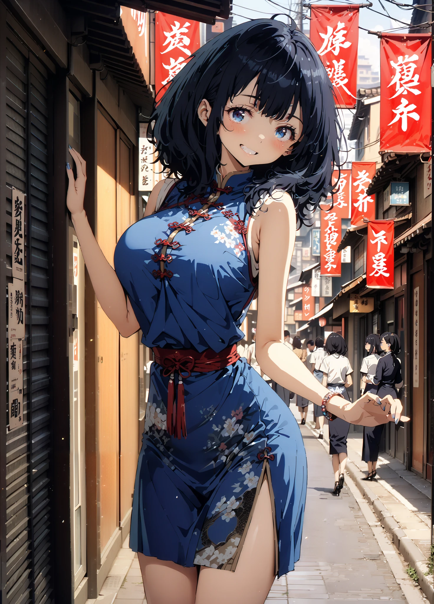 score_9, score_8_up, score_7_up, source_anime, Anayanami , medium hair, blue eyes, stupid hair, Lantern, medium chest, skirt, shirt, Big Breasts,Blue sleeveless Chinese clothes,Long slit,pin heels,standing,Put your hands on your lower back,smile,blush, grin ,China, beautiful scenery,Beautiful cityscape,standing,full bodyがイラストに入るように, break outdoors, Chinatown,
break looking at viewer,full body,
break (masterpiece:1.2),highest quality , kampala, Unity 8K Wallpaper ,(shape:0.8),( fine, beautiful eyes :1.6),It's a person ,full body写真,CG Details , (perfect hands, complete anatomy),