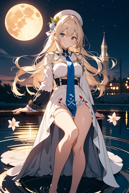 (masterpiece)、(highest quality)、((Super detailed))、(super delicate)、Princess in a naughty dress、platinum blonde、beautiful breasts、Thighs、Gorgeous、lake with mountain view、Fantastic starry sky