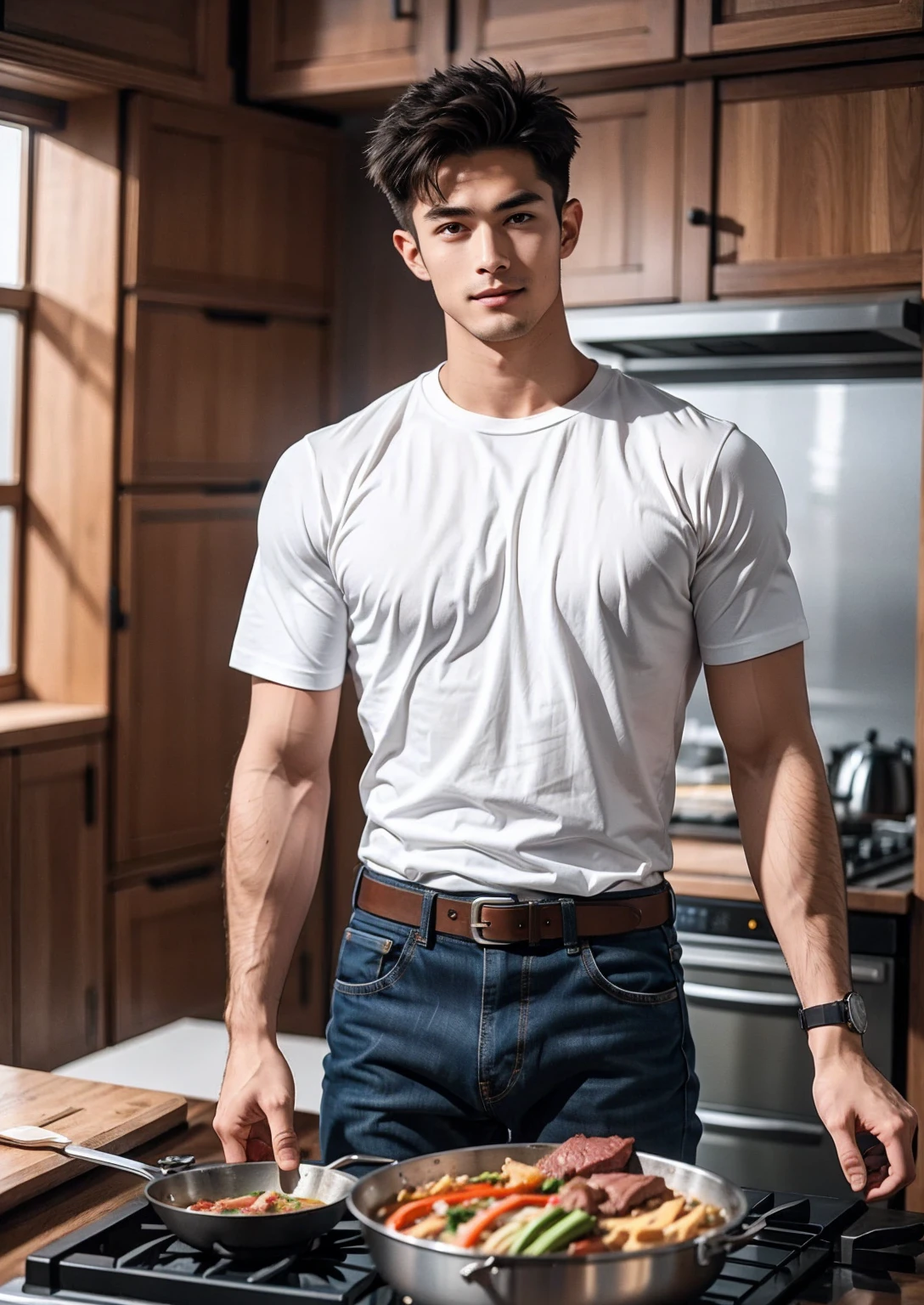 armface , Handsome young man by the window, (have a mustache:1) , (buzz cut:1.1), (short hair:1.2), The forearms are muscular., (Tight T-shirt:1.5), (White shirt with red trim:1.5),Jeans, Big muscles, Handsome and muscular, full body angle, (kitchen:1.1), natural light