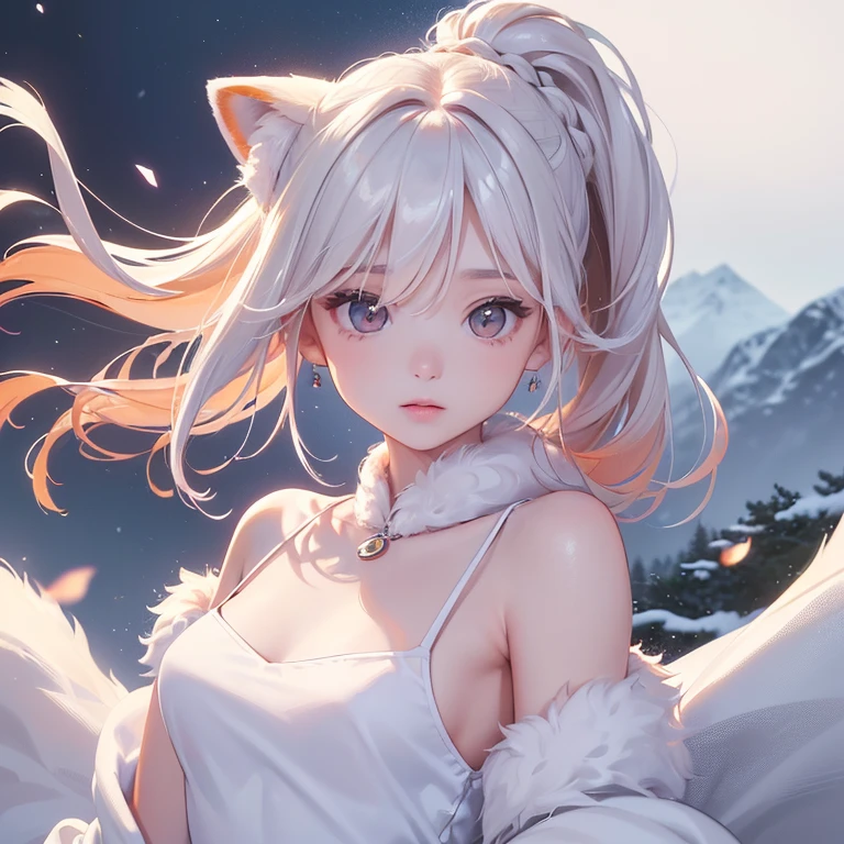 (Cinematic footage, full medium closeup, gorgeous 18-year-old kemonomimi woman soft pale skin, cute and youthful face, well-defined eyebrows, delicate nose, ultra-detailed: 1.1, photo-realistic: 1.4, depth of field, cinematic lighting, IMAX camera, HDR, DTM, Full HD, 8k, flared, medium breasts: 1.5, slim, smile, standing, 8K picture quality, sexy seduction, 4k, 8k, highres, best quality, plump and round lips: 1.4, realistic: 1.37 long, flowing: 1.1 luscious, plump: 1.1 sparkling sequins: 1.1 subtle, 0.9 soft, warm: 1.1 masterpiece: 1.2, realistic: 1.4, photo-realistic: 1.37, ultra-detailed: 1.1 busty animal ears, beautiful, detailed ears: 1.1 best quality, 4k, highres, masterpiece: 1.2 detailed, piercing eyes: 1.1 masterpiece: 1.2 very three-dimensional: 1.2, Unreal Engine 5, octane render), (beautiful ultra-detailed face, eyes, highly detail skin texture, high detailed skin, ultra-detailed body, bright and glowing skin: 1.1)
(Physical Rendering, Professional Lighting, Photon Mapping, Radiosity, Soft Light, Lens Reflection: 1.3)
(best shadow)
(3D: 0.5, realistic: 0.5, photo-realistic: 1.4)
(Sharp focus: 1.5)
(beautiful face, perfect face: 1.1)
(eye makeup: 1.2)
(tight body, fitness body: 1.2)
(highest quality)
(8k, best quality, masterpiece: 1.3)
((masterpiece, best))
(best illustration)
(high detail: 1.1)
(detailed fantasy realm background: 1.3)