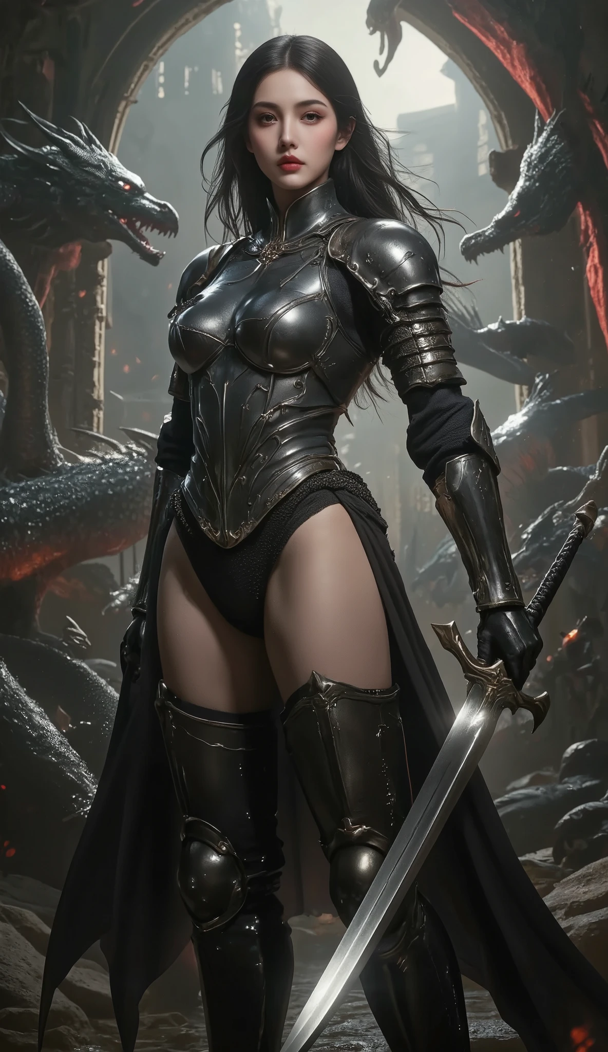 The image features a formidable female warrior, showcasing a strong and muscular physique beneath minimalistic armor. Her hair flows elegantly, framing her determined face, which bears an expression of confidence and ferocity. She is posed prominently in the foreground, with a sword in one hand, ready for battle. The background is filled with ominous dragons and ancient ruins, effectively utilizing chiaroscuro lighting to enhance the epic fantasy theme. The atmospheric depth is amplified by muted colors that contrast with the warrior's vibrant armor, drawing viewers into a world of adventure and peril.