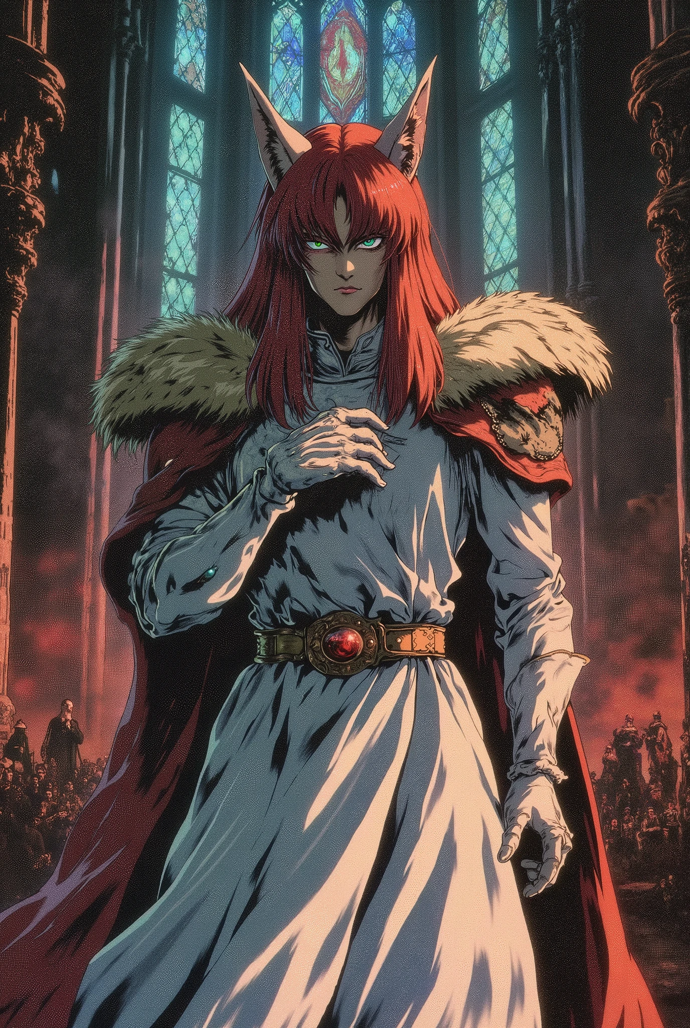 man, redhead, with fox ears, fox tail, white medieval military suit, white gloves, green eyes, inside a church, sadistic face.