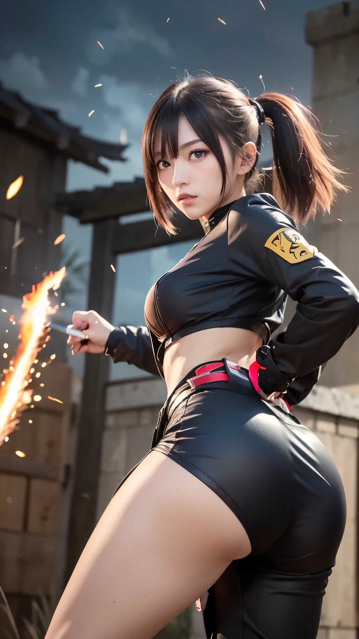Ultra-high quality, hyper-detailed, 8K, cinematic lighting, photorealistic anime style
(A stunning and powerful female warrior:1.3, blending the most captivating traits from legendary Japanese battle anime and fighting game characters, embodying strength, charisma, and elegance.)

🔥 Appearance & Expression
(Dynamic hairstyle: long and flowing, sharp bob cut, fierce ponytail, twin-tails),
(Hair color: jet black, platinum silver, fiery red, deep blue, neon highlights),
(Eyes: piercing gold, intense crimson, deep sapphire, radiant violet),
(Expression: fearless battle focus, confident smirk, sharp gaze, subtle charm when relaxed),
(Physique: athletic yet feminine, toned muscles, sleek and agile, perfect balance of strength and speed),

⚔️ Battle Attire & Gear
(Outfit: futuristic battle armor, traditional samurai attire with modern enhancements, cyberpunk ninja suit, enchanted warrior robes),
(Accessories: energy gauntlets, mystical amulets, cybernetic enhancements, tactical belts),
(Weapon: high-tech katana, dual daggers, energy-infused spear, barehanded combat with aura effects),

🌌 Background & Atmosphere
(Setting: neon-lit cyberpunk battlefield, ancient temple ruins under the moonlight, war-torn landscape with embers, grand arena with roaring spectators),
(Lighting: dramatic contrast, glowing embers, ethereal mist, mystic energy flowing in the air),
(Action: mid-battle stance, lightning-fast sword strike, energy impact, swirling dust from rapid movement),

💫 Dynamic Effects & Poses
(Motion: flowing hair, sparks flying from weapon contact, afterimage effects, intense eye glow),
(Special effects: supernatural aura, glowing tattoos, wind-swept cloak, subtle battle scars),
(Pose: mid-air slash, battle-ready stance, back turned with a fierce side glance, energy surging through hands),

(A legendary female warrior, fusing the best elements of Japanese battle anime and fighting games, a perfect balance of beauty, power, and intensity.)