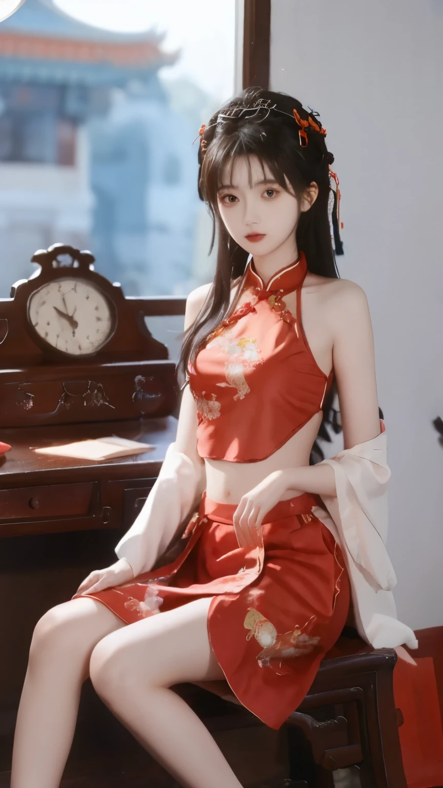 1 girl, skirt, Hair accessories , 红色skirt, alone, Chinese clothing , long hair, Sitting, bare shoulders, window, brown hair, OK, Indoor, dark hair,
and watch the audience,