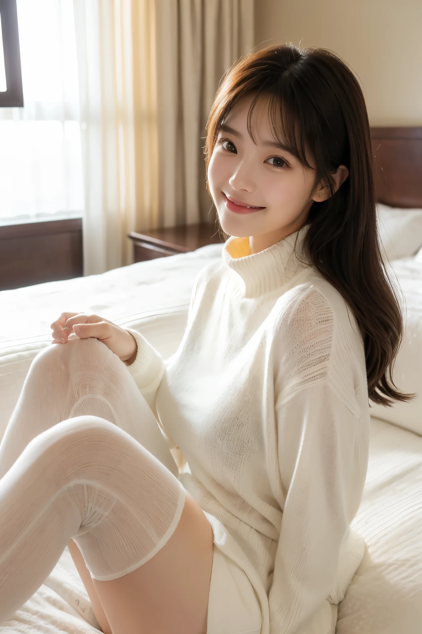 (On a table, Best quality, realistically, ultra - detailed, meticuloso, A high resolution, 8k wallpaper), Close-up portrait of a beautiful woman, Chariada, Smiling, light brown messy hair, Perfect dynamic composition, 美丽meticuloso的眼睛, Just like the cover of a fashion magazine, On campus