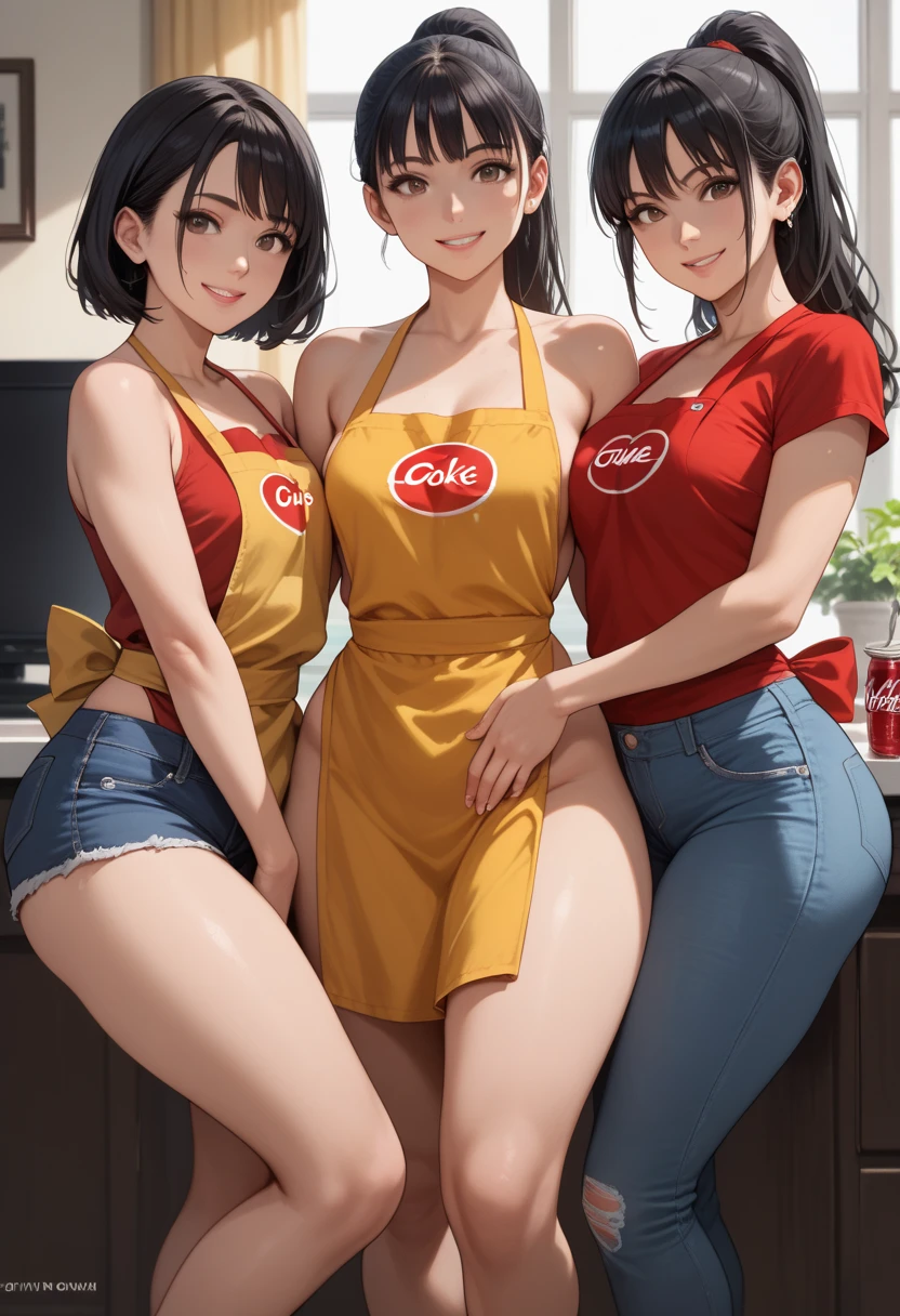 multiple thick body females wearing open floral pattern dress showing backside, show backview, females standing in the kitchen with food on table eating smiling ((nsfw)),