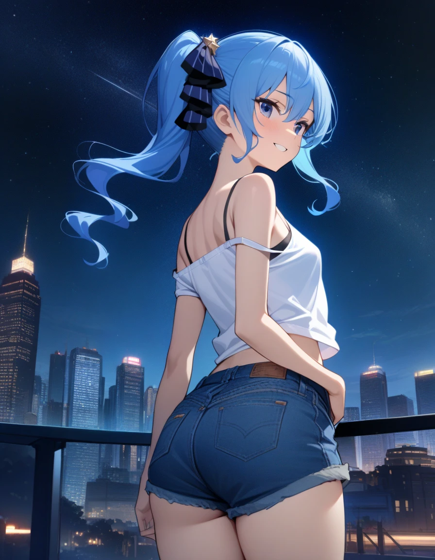 (masterpiece, best quality), 1girl, revealing her underwear, blushed, long black hair, blue eyes, wearing blue bra, blue patterned panties, thin tights, city, absurdres, high res, ultrasharp, 8K, masterpiece, looking at viewer