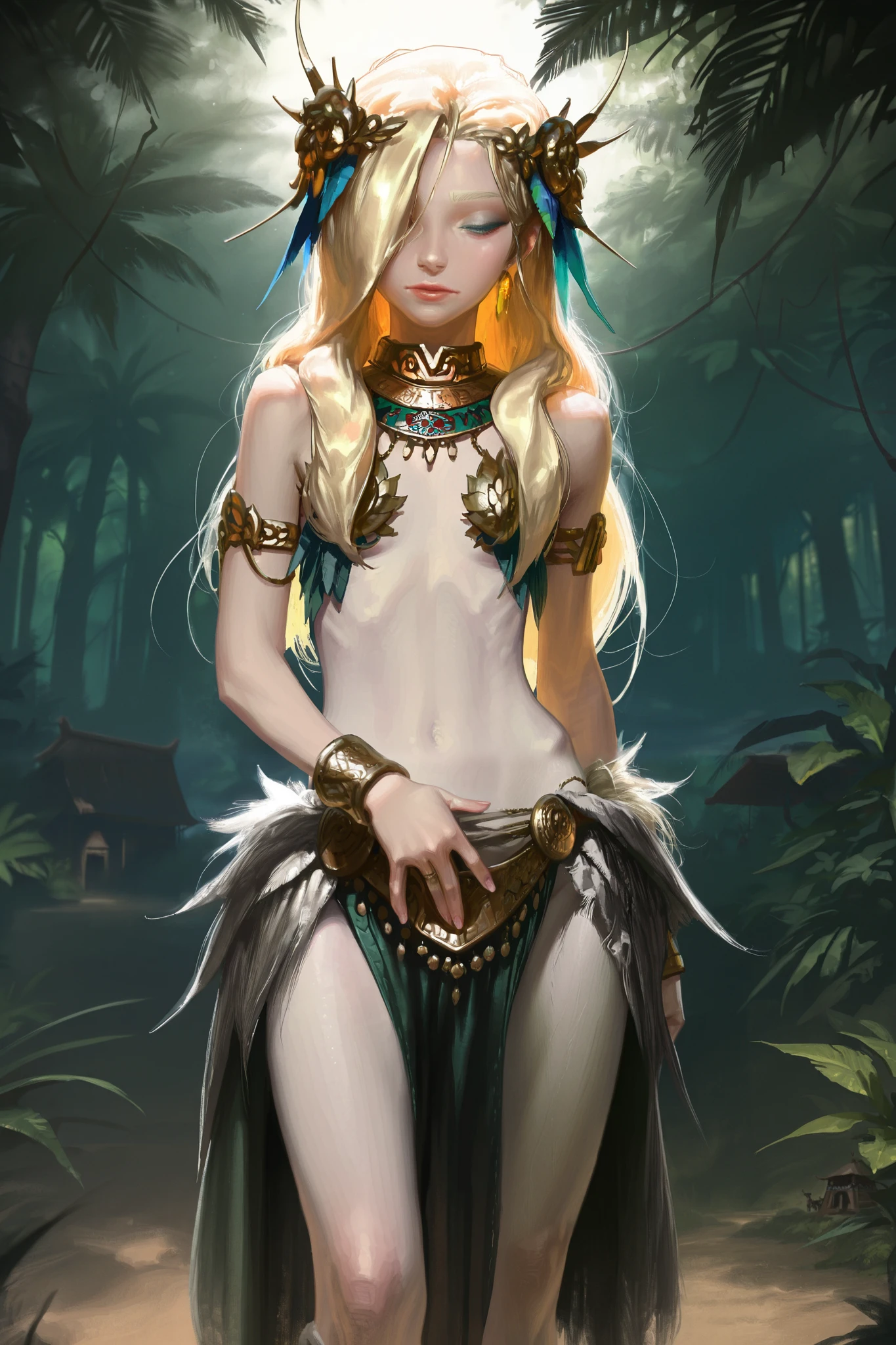 HDR, 8K, high contrast, masterpiece, best quality, amazing quality, very aesthetic, anime artstyle, realistic, hentai art, newest, (artist:incase:0.5), (artist:tsuaii:0.5) ,
BREAK
bounce light, hyperdetailed, detailed hair strands, detailed fibers, Sungmoo
masterpiece, semi-realism, masterpiece.hyperdetailed, absurdres,
1girl, skinny light_skinned femboy with (((blonde hair))) and pale_skin, jungle, village, inside wooden building, gold accessories, gold jewelry, simple_background, androgynous, hair covering one eye, (long_hair), native, savage, pleasure, inside mayan temple,