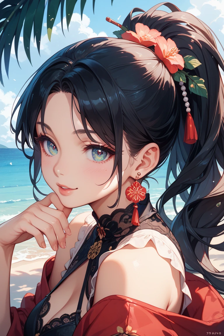((Highest quality)), ((masterpiece)), (detailed), One girl, Beach,smile,summer,Perfect Fingers,Ethnic clothing