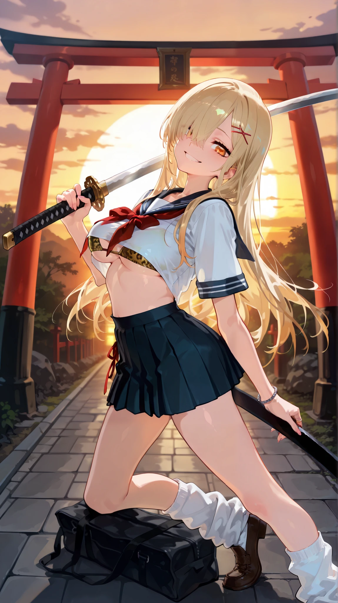 (((Alone))), full body, very cute face, cute girl, long hair, ((Light Gold Hair Color)), bangs over one eye, orange eyes ,big eyes, school sailor suit that you can fan with a skirt,red ribbon,Underboob,leopard print bra,dark blue miniskirt,loose socks,loafers,Beautiful Skin, hairpins, half-open, Best Smile, Big Breasts, cross piercing,bracelet,fearless smile,((holding a japanese sword with both hands, unsheathe draw a japanese sword, a sheath, put your hand on the pattern of a japanese sword, blade shimmerin, holding sword unsheathing)),Torii background,sunset,Perfect Smooth Skin, masterpiece, top quality, is embarrassing,Warm colors, High Style, Rub the extremely absurd , bright color, High Resolution, complicated details