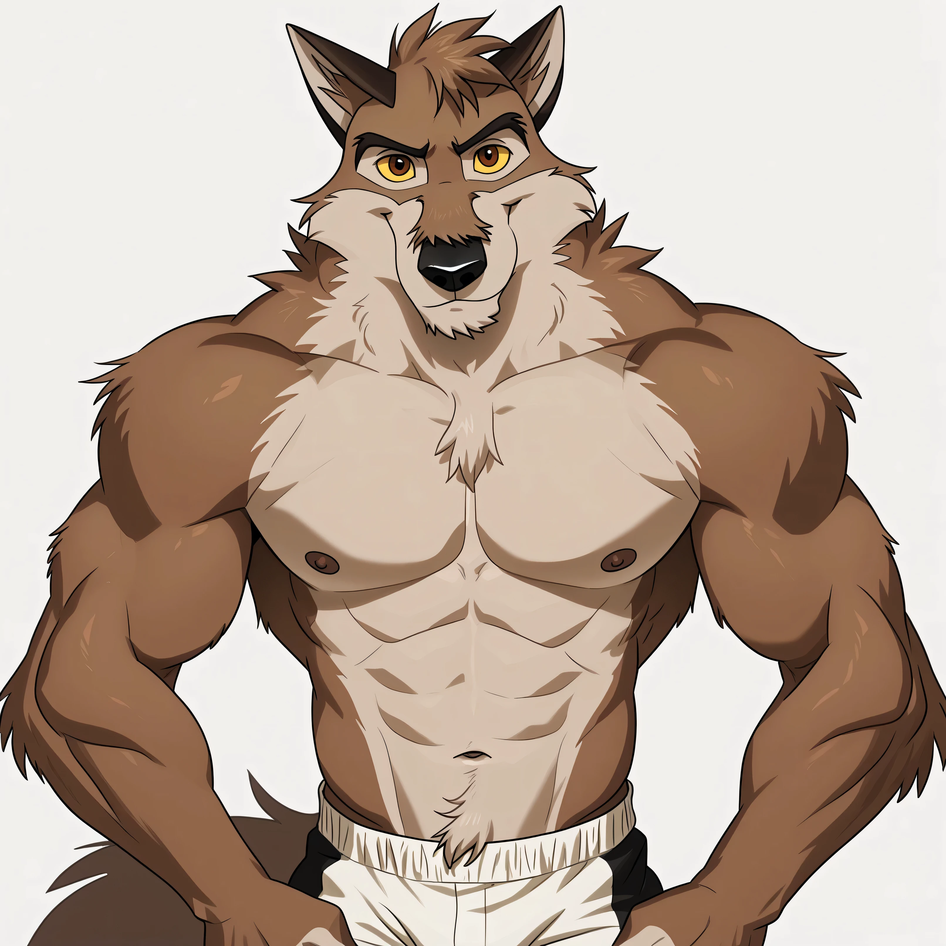baltotwd, wolfdog, balto, brown eyes, yellow sclera, solo, detailed, detailed face, black eyes, anthro body, male, adult, muscular, cartoon shading, cel shaded:1.0, flat colors, (no background, white background):1.5, shirtless, wfa style, negger style, cartoony anatomy, above waist, looking at viewer, posing, smile