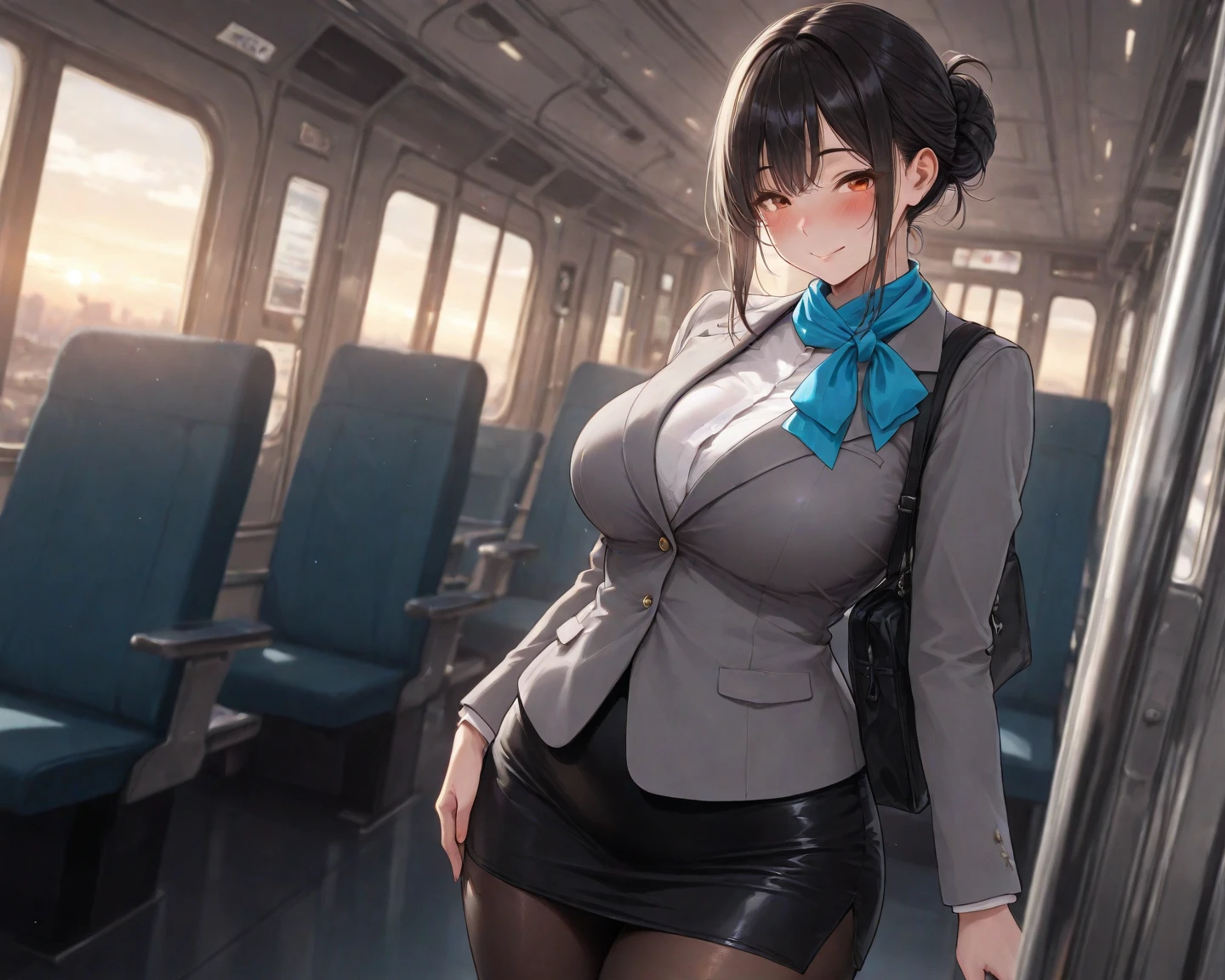 1girl, clothes tug, office lady, pencil skirt, skirt tug, miniskirt, skirt lift, bus interior, crowd, multiple boys,, masterpiece, best quality, highly detailed
