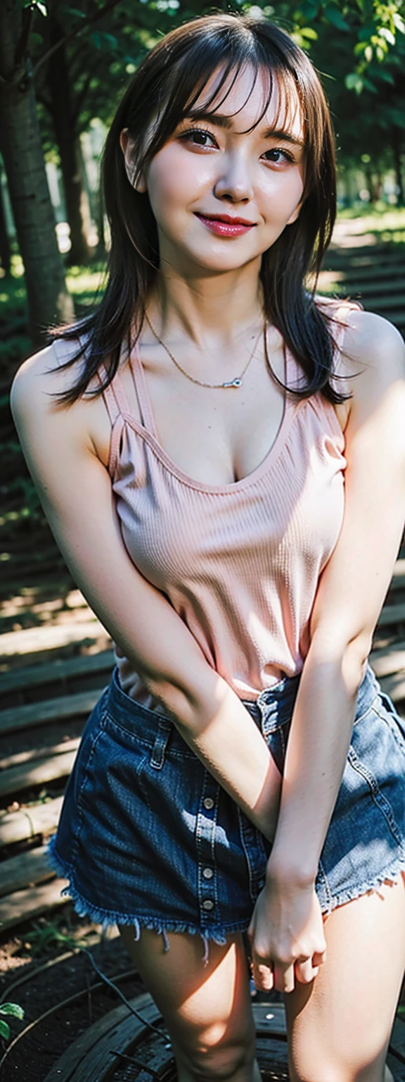 Open shirt, (((Leaning forward))), ((,Round face, Around ,mini skirt、loose tank top)), Long Hair, , Natural Makeup, Lips become thicker, Sexy Gaze, barefoot, ((Raise one leg)), Shooting from below,Gentle expression ,((Extremely precise and accurate anatomy)), (masterpiece:1.43), Perfect proportions, Realistic photos, Full Shot, whole body, (height: 165cm),