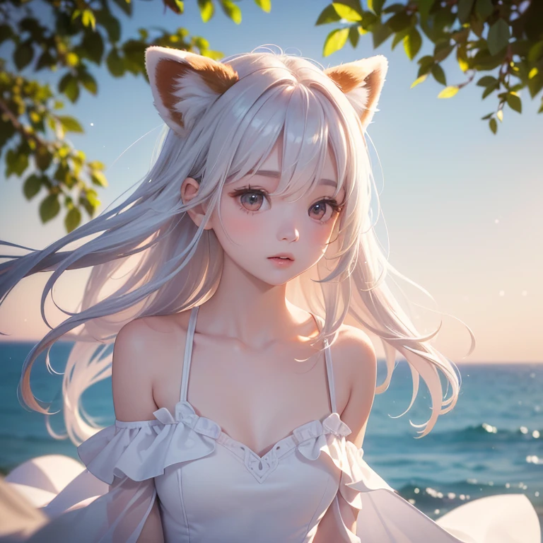2 girls, 15 years old, height: 1.55, white hair, orange fox ears, and orange fox syrup, torn, falling gently down her shoulders as she holds the straps in her hands, showing a mix of sensuality and vulnerability. The chiffon bra adds a touch of femininity and sophistication to her look, wet body, wet with milk, sexualizing, cup, on the beach, sexualizing completely. toenail painted red.