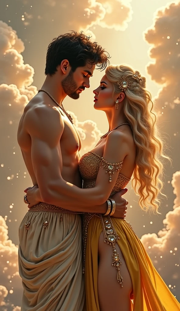 blonde psychic woman in profile and dark haired archaeologist man in full body holding a magical golden rose, They are both close but they don't touch each other