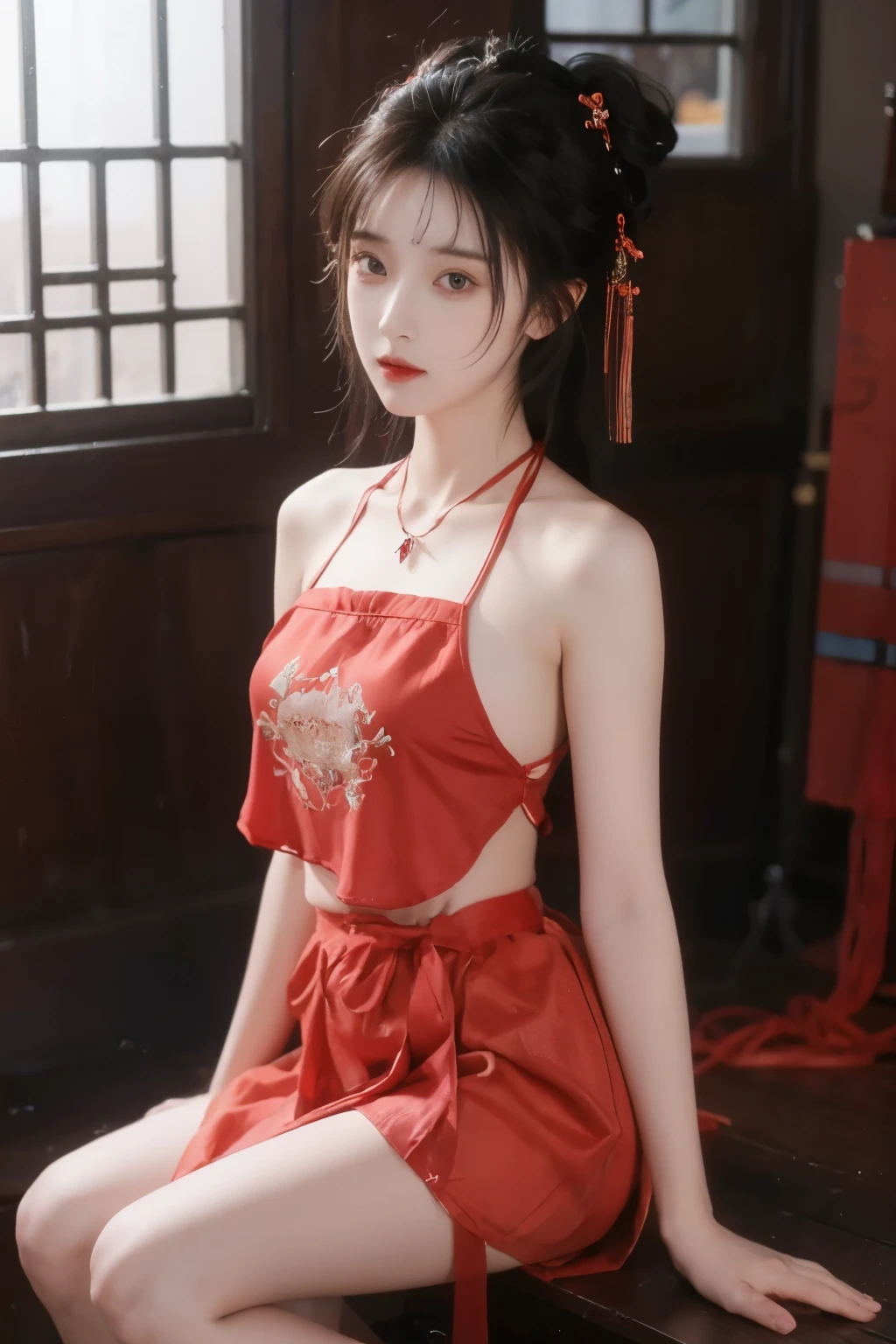 is the best quality,  masterpiece, High Aims, 1 girl, Beautiful red Hanfu, Hair   ornaments,  necklace,   ornament, pretty face, When the body, Tyndell effect, Realistic portrait,  Dark Studio , Edge lighting, Bicolor Light , (very delicate skin:1.2),  8,000 uhd, DSLR, Soft Light, high quality, Volumetric Lighting, Honest, photo, high resolution, 4K,  8,000, Bokeh, dark hair，PINK HAIR TIPS, pink eyes.1 girl, skirt,  Hair accessories , red skirt, alone,  Chinese clothing ,  long hair, Sitting, bare shoulders, window, brown hair, OK, Indoor, dark hair,