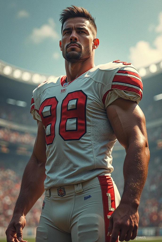 Photo of Rob Gronkowski, American football player, muscular man, (Enormous bulging biceps), ((Portrait)), ((Detailed face:1.2)), ((defined facial features)), tan skin, , wearing tight football uniform, Football field environment, (Bright color scheme), Reflectors, (Masatake masterpiece) (perfectly proportions) (photos realistic) (Best Quality) (Detailed) photographed with Canon EOS R5, 70-200mm Lens, F/2.8, ISO 800, (4K) (Wallpaper) (Dynamic lighting) (Dramatic lighting) (Sharp