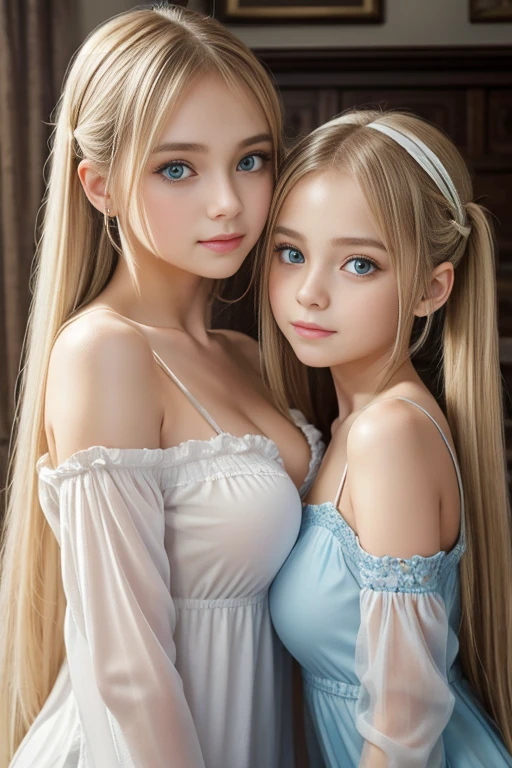 beautiful little medieval russian princess girl 9 year old blue eyes being harassed and groped in a dark room transparent white dress by an older man 35 years old touching her legs, kissing her breasts