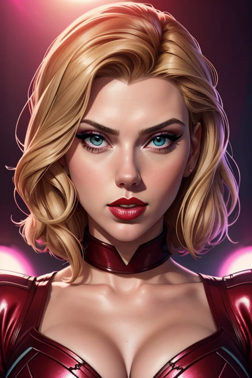 1girl, (Elizabeth Olsen as scarlet witch), solo, shoulder length hair, red costume, looking at viewer, red background, blonde hair, simple background, blue eyes, lips, closed mouth, large breast