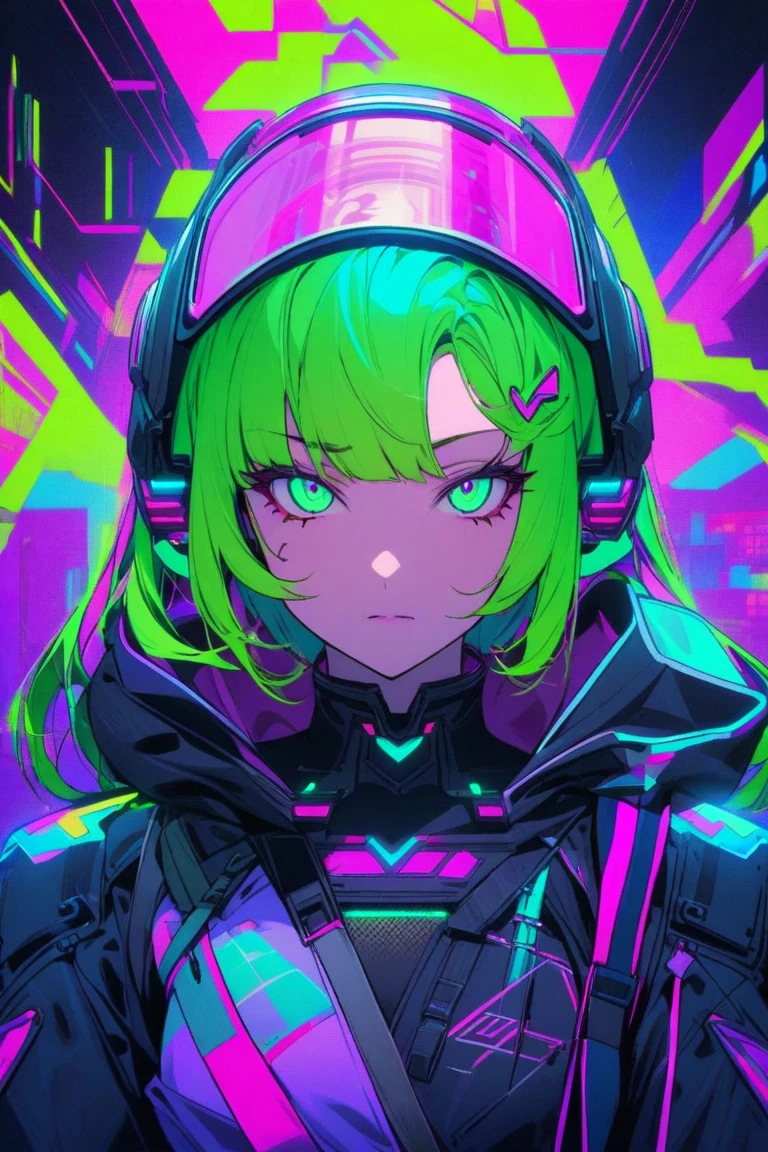 cyber punk, Light green and purple outfit, Large hoodies, cinematic lighting, UHD, high details, best quality, highres, 8k