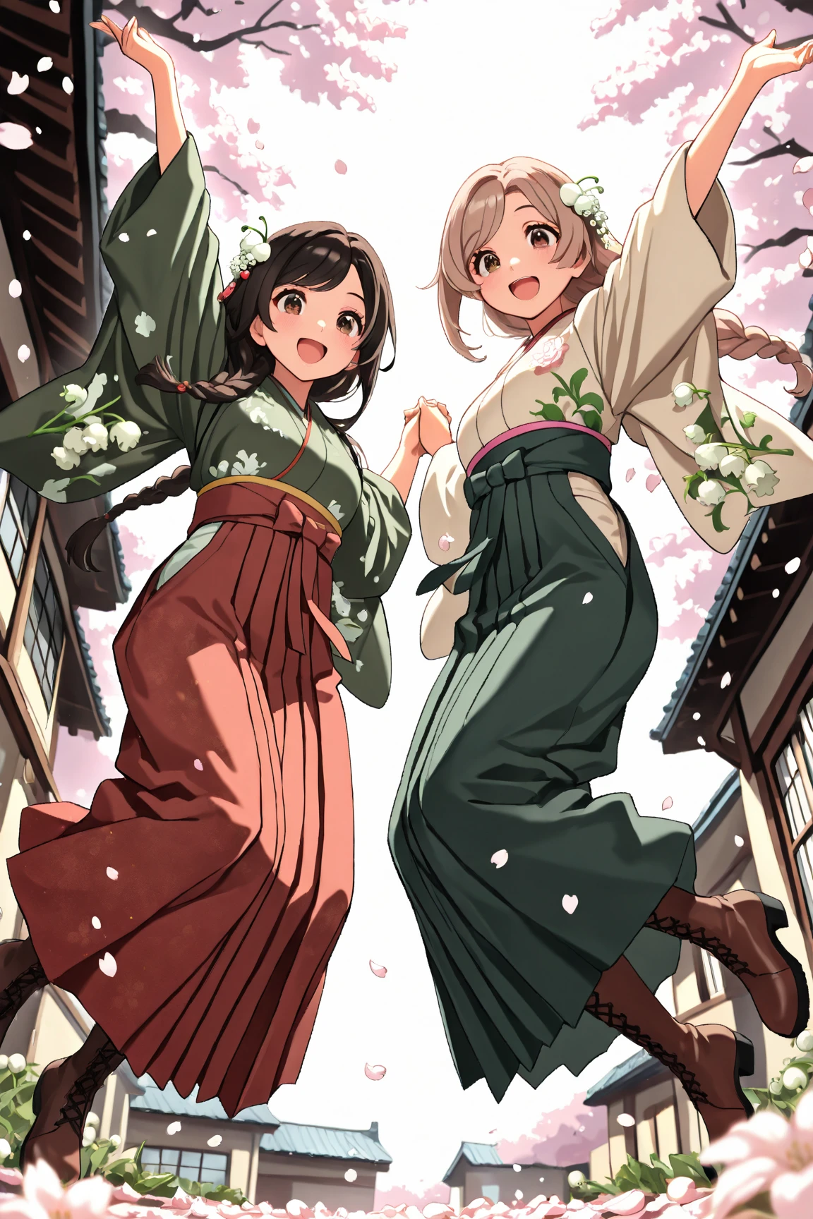 (masterpiece:1.2), (best quality:1.2), (very aesthetic:1.2), (absurdres:1.2), ultra-detailed,extremely detailed,beautiful,extremely detailed CG,ultra detailed background, 8k,16k,perfect hair, perfect fingers,
BREAK,
2 girls,beautiful,jumping,holding hands,
BREAK,
a girl wearing navy hakama,light pink furisode with cherry blossoms pattern,black hair, ,swept bangs,brown eyes,chignon,white Lily of the Valley hair ornament,arms up,black lace up heeled longboots,smiling,opening mouth,
BREAK,
another girl wearing red hakama,dark green furisode with white floral pattern,light brown hair,parted bangs,long braided hair,white peony hair ornament,brown eyes,arms up,dark brown lace up heeled longboots,smiling,opening mouth
BREAK,
white sky,traditional old blick building background,from below, backlighting,glittering, particles of light,cherry blossoms petals,cherry blossoms, depth of field,lens flare,pastel tone,spring atmosphere,