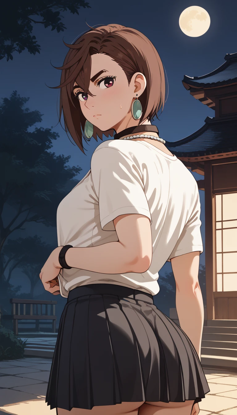 {{超A high resolution}}、Anime、Anime Style、{{A Japanese Lady}}、NSFW、{{1femele}}、{{Soght brown bob cut、The whole body is shown、Sitting on a park bench and looking into the distance、A slightly distant perspective、View from diagonally forward、White micro T-shirt with navel visible、Show the navel、Colossal tits、Wide Grey Cotton Pants、Park with bright sunshine、