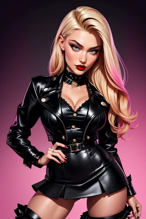 Haman karn, pink hair, black suit, curvy