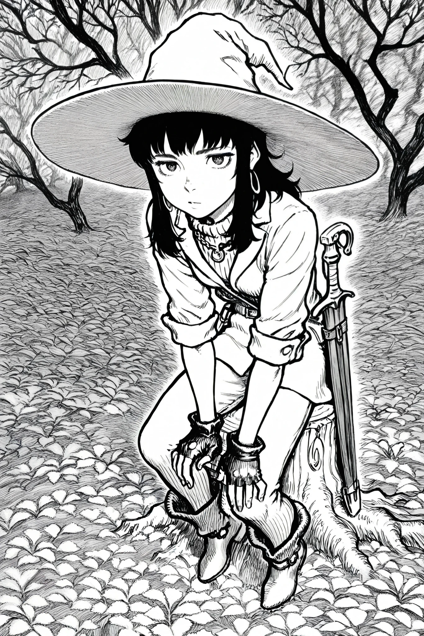 HDR, 8K, high contrast, masterpiece, best quality, amazing quality, very aesthetic, anime artstyle, realistic, newest,
BREAK
bounce light, hyperdetailed, detailed hair strands, detailed fibers, greyscale, (intricate hatching: 1.4)
masterpiece, semi-realism, monochrome, manga, inking, detailed, hyperdetailed,
engraving artstyle, hatching /texture/, contour lines, monchrome, greyscale, masterpiece.hyperdetailed, absurdres, detailed background, foreshortening, perspective, dynamic angle, very aesthetic, 1girl, solo, medium hair, black hair, sidelocks, witch hat, leaning forward, fingerless gloves, weapon, sheath, sleeves rolled up, turtleneck sweater, blazer, chain necklace, hoop earrings, long ears, vegetation, plats, roots, sitting on tree stump, looking at viewer,