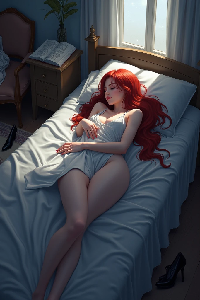 Tall girl, long red hair, slim, Gamer, sleeping in her room