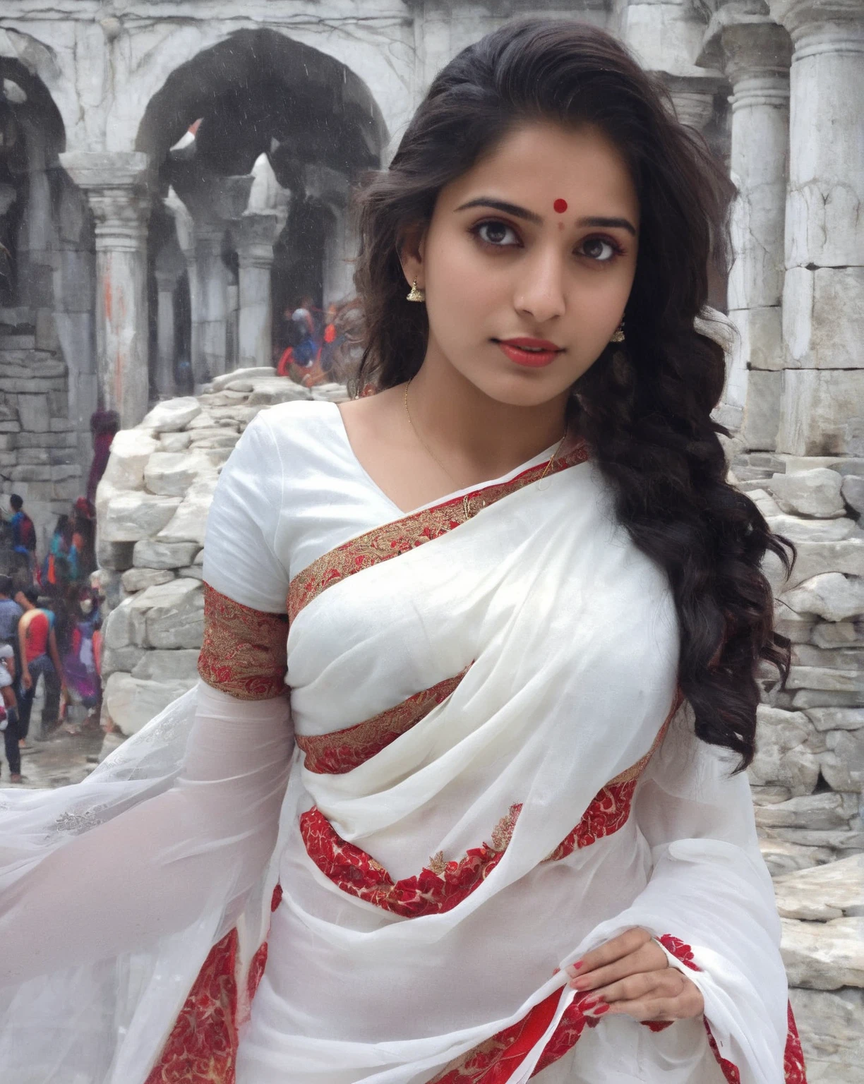 32k,raw photo best quality, masterpiece, Indian beautfull girl, high quality details, black hair, red eyes, breast size 32, wearing white saree background kedarnath temple, 18yo girl,Nylalsha,more detail XL.