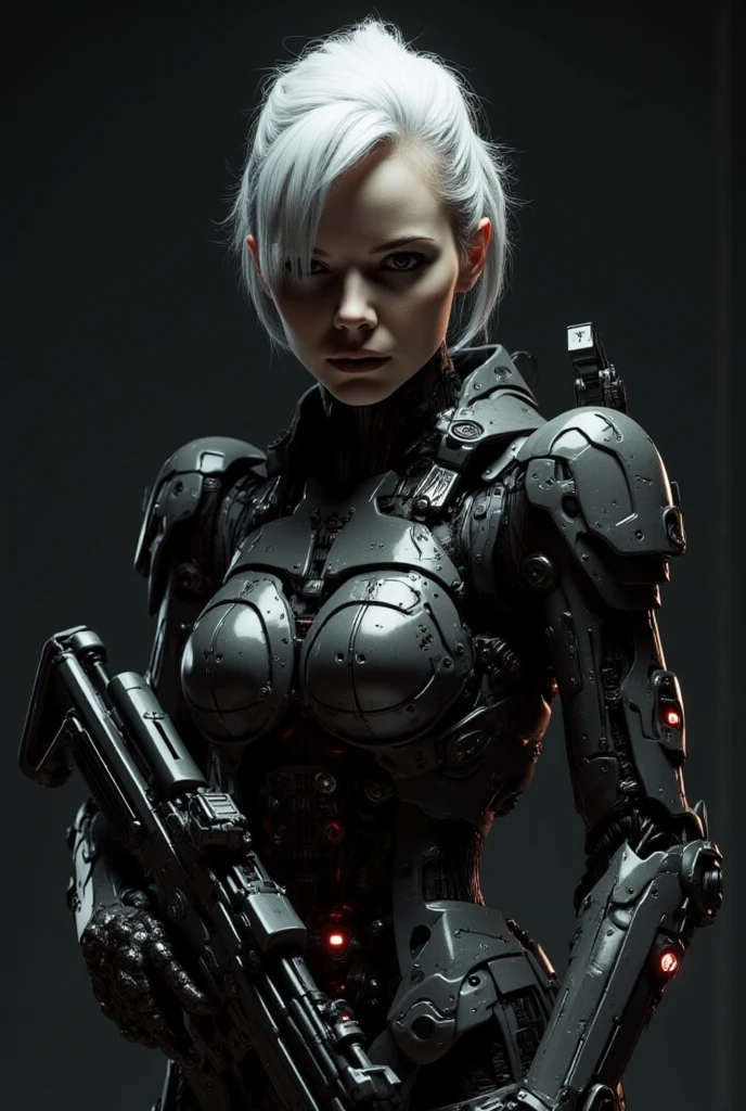 An ultra-realistic digital illustration of a beautiful tall cyborg woman (mix of Charlize Theron and Rose Bertram) wearing a white porcelain-like futuristic armor suit and pointing a white porcelain-like gun to her viewer, striking and detailed acqua eyes, dark red lips, She has black hair, pixie haircut, highly attractive and charming. This breathtaking digital illustration is highly detailed and in the style of Ghost in the Shell, Cyberpunk and Dreamwave, hyper-maximalism, sharp focus, cinematic, HDR, 8k, final render