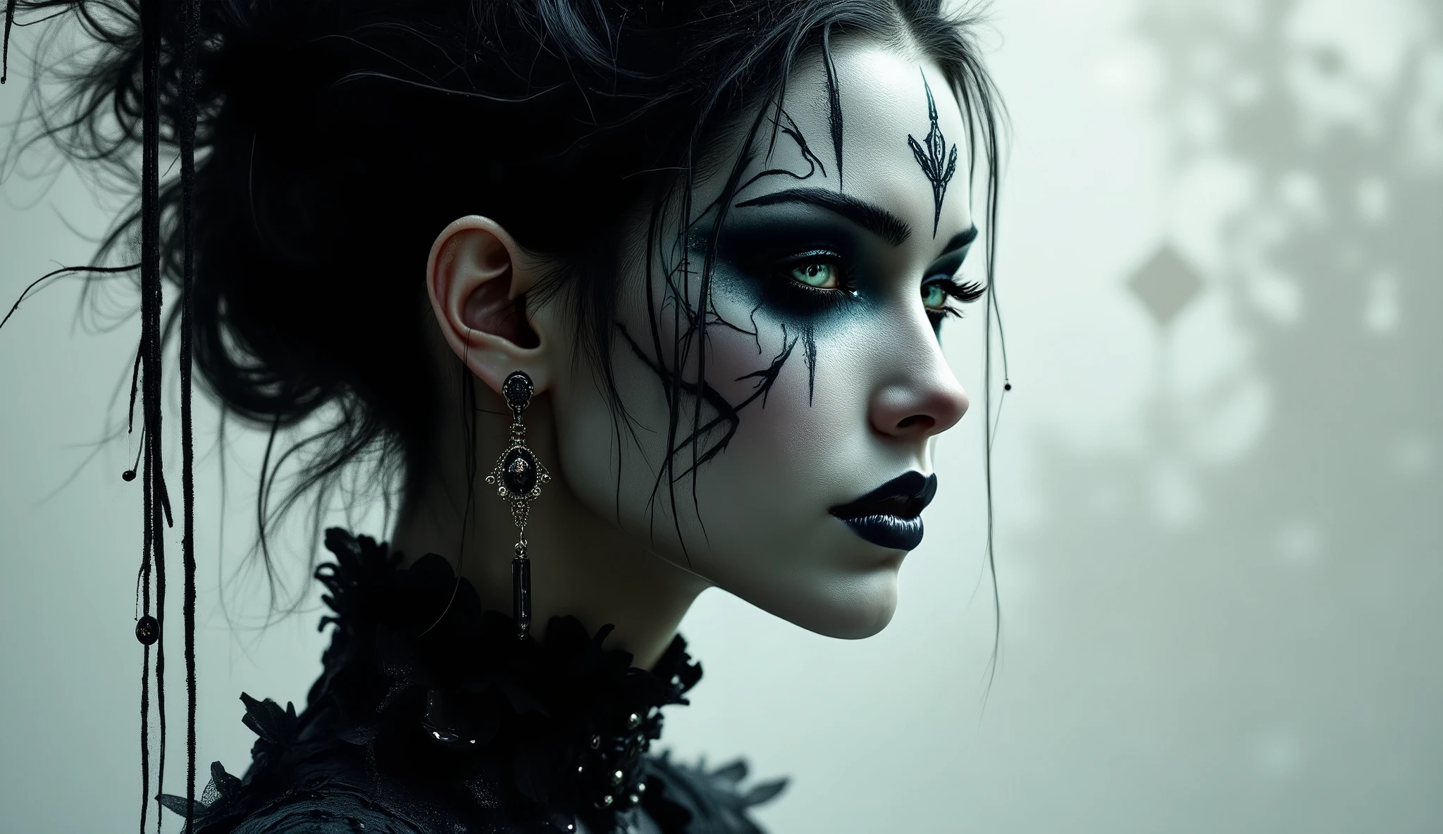 (((3/4 profile view))) Photo of model with abstract makeup ghotic, in the style of vogue magazine cover.