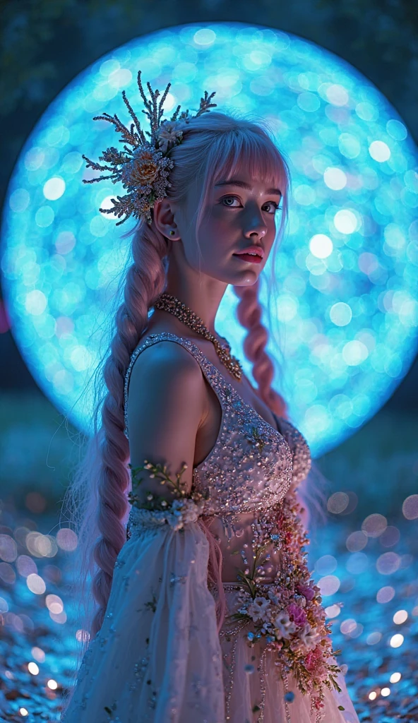 A celestial maiden, her stardust hair framing eyes that mirror the night sky's mysteries, donning a shimmering moonlight dress that cascades like a celestial waterfall, radiating an enchanting aura wherever she wanders.