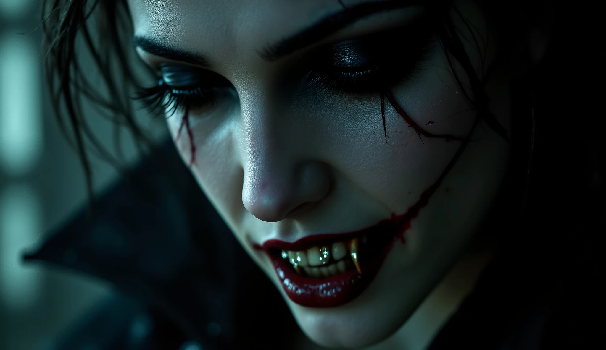 (((3/4 profile view))) Close up on the face of a Caucasian vampire woman with chrome fangs and sewn eyes, cinematic lighting, hyper detail, photo realistic