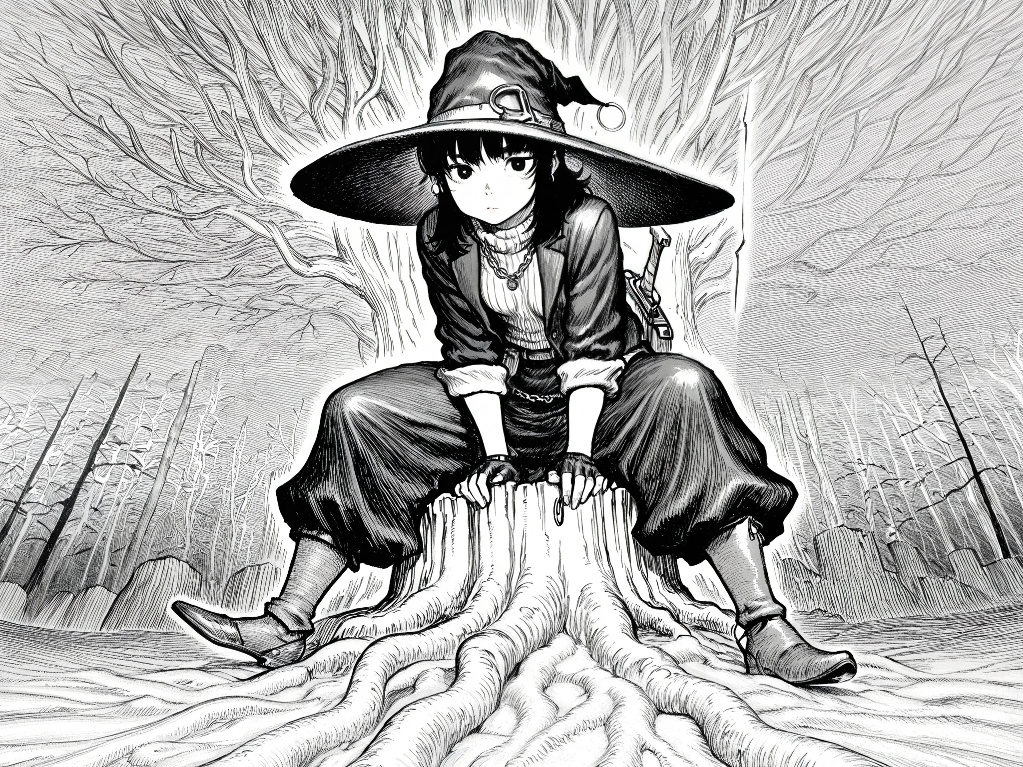 HDR, 8K, high contrast, masterpiece, best quality, amazing quality, very aesthetic, anime artstyle, realistic, newest,
BREAK
bounce light, hyperdetailed, detailed hair strands, detailed fibers, greyscale, (intricate hatching: 1.4)
masterpiece, semi-realism, monochrome, manga, inking, detailed, hyperdetailed,
engraving artstyle, hatching /texture/, contour lines, monchrome, greyscale, masterpiece.hyperdetailed, absurdres, detailed background, foreshortening, perspective, dynamic angle, very aesthetic, 1girl, solo, medium hair, black hair, sidelocks, witch hat, leaning forward, fingerless gloves, weapon, sheath, sleeves rolled up, turtleneck sweater, blazer, chain necklace, hoop earrings, long ears, vegetation, plats, roots, sitting on tree stump, looking at viewer,