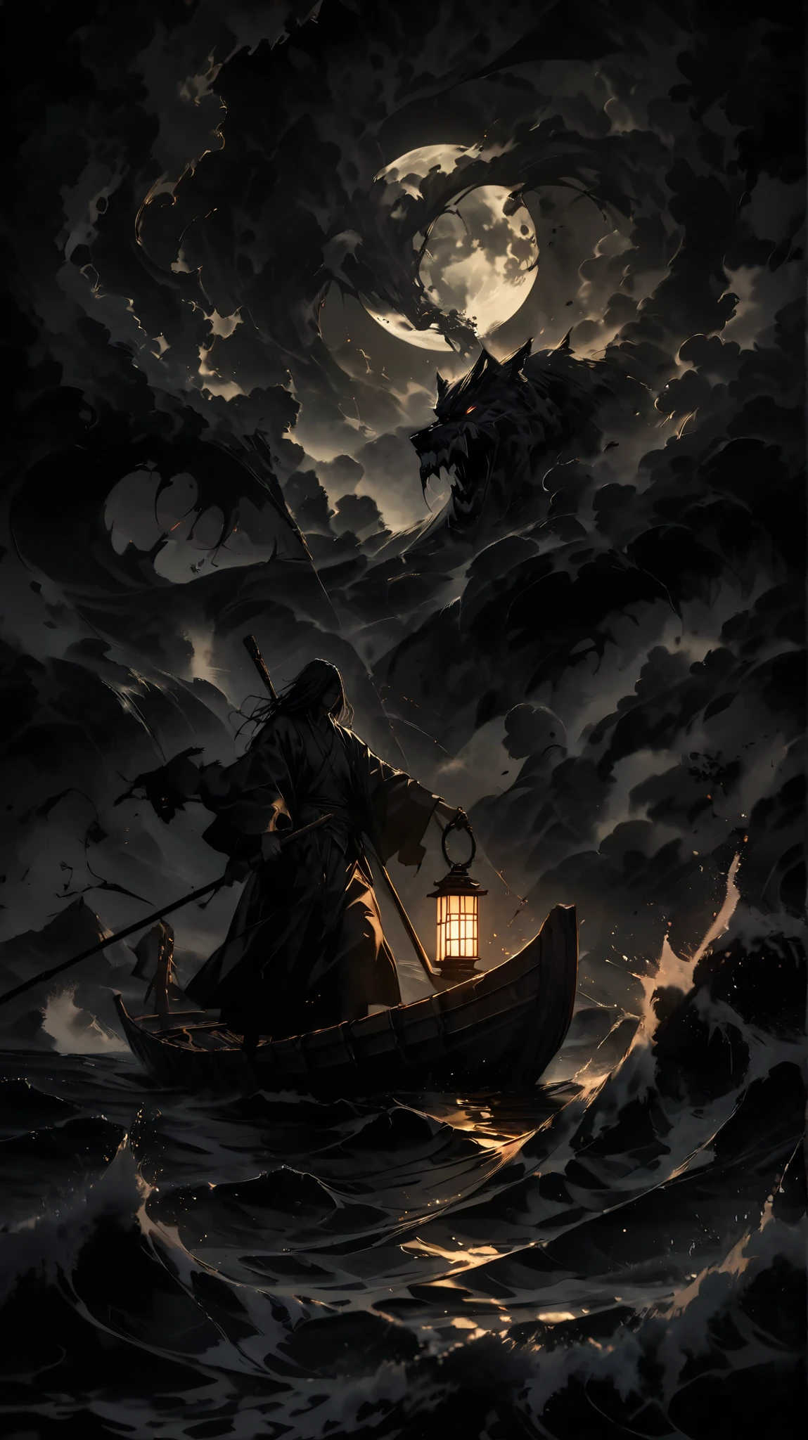 "Master piece, Ultra detailed, Best quality, A breathtaking digital painting in the style of ancient Chinese ink wash art, depicting a lone ferryman battling against a raging storm on a vast, dark ocean under the midnight sky. Towering waves crash violently around the small wooden boat, and the howling wind sweeps through the turbulent waters. The sky is filled with heavy storm clouds, barely revealing glimpses of the moon behind the swirling darkness. Amidst this chaos, the focal point is a single large lantern hanging from the boat, radiating a warm golden light. The glow illuminates the ferryman, a determined man gripping his oar with all his strength, his rain-soaked robe clinging to his body as he fights to stay on course. The lantern’s light shimmers on the water’s surface, standing in stark contrast to the surrounding darkness, symbolizing resilience and hope against overwhelming adversity. The painting captures the raw power of nature and the indomitable spirit of man, using delicate yet dynamic brushstrokes to bring the dramatic scene to life. 18k"