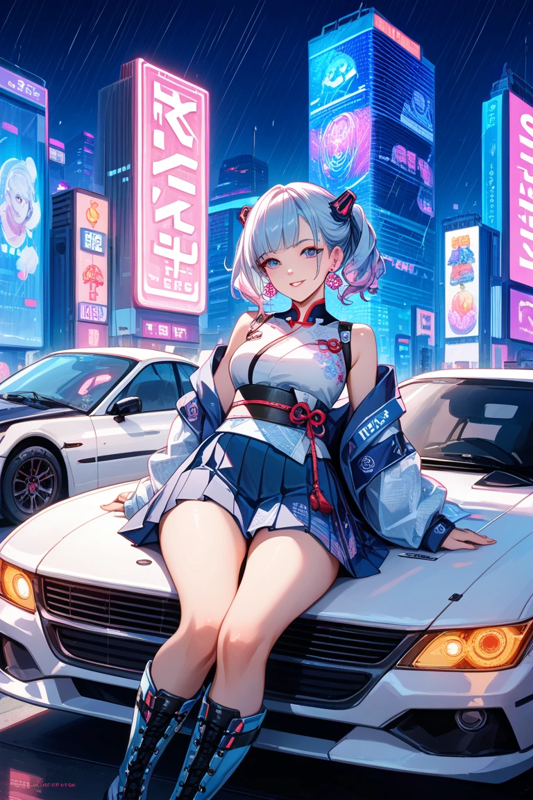 a woman wearing a white dress, next to a BMW car, in a big city at night, blue hair, purple eyes, smiling