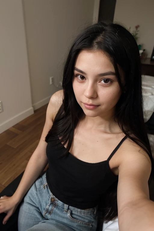 selfie of a 20yo girl, perfect face, black hair, in pink dress