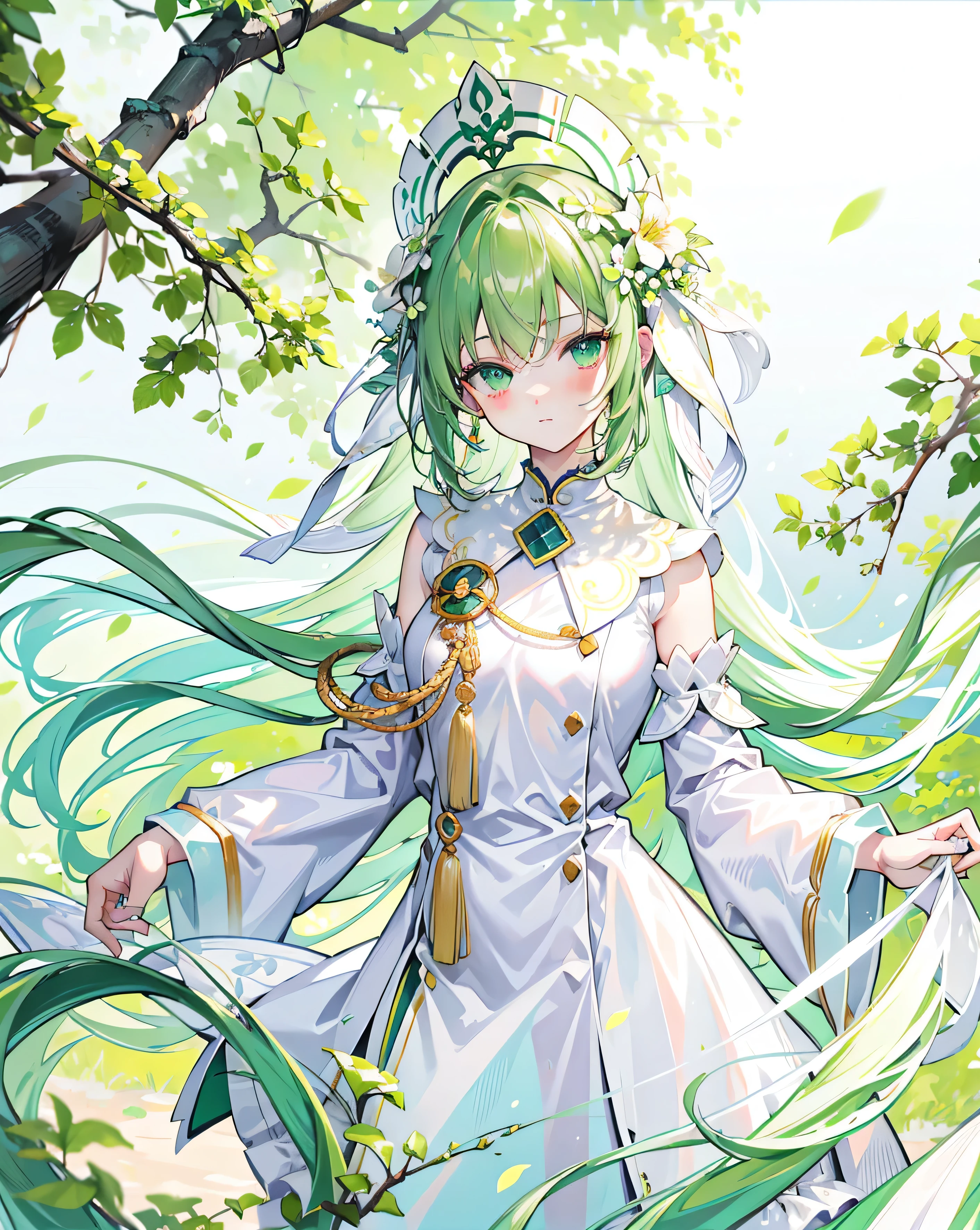 Green color, long white hair ,white,milky white clothes,High Resolution, masterpiece, anatomically correct, accurate, highest quality, Details, High details, high image quality model, quality, very detailed, Ultra High Definition, textured skin,