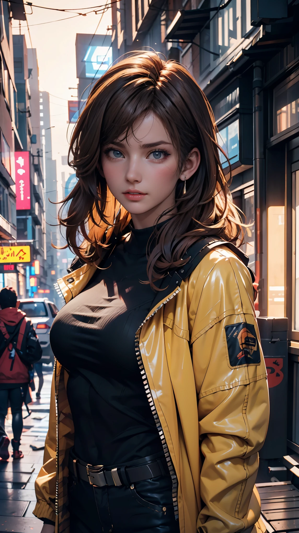 RAW photo, 20 year old closeup portrait photo.woman, Alone, realistic, shirt,jacket, Cyberpunk, spike hair,brown hair, yellow jacket, The background is a ruined city , (advanced detailed skin:1.2), 8K HD, dslr, Soft Lighting, high quality, Film Grain, FUJIFILM XT3, very detailed background,