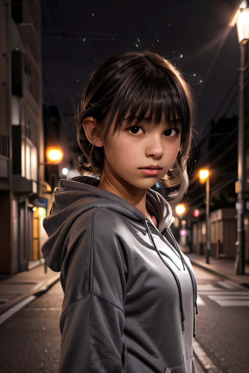 ((best quality, masterpiece, extremely detailed)),1girl, (yo:1.3), (silhouette lighting:1.4), medium hair with bangs, (gray hoodie:1.3), medium breast, (upper body:1.5), ((residential area)), tokyo, (midnight, street lights:1.2)