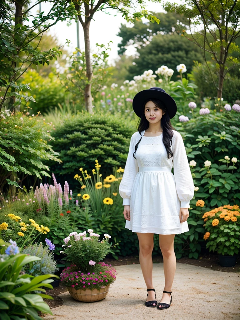 Person 1.5. neat and beautiful, 25 years old, great style, long hair, fashionable, dress, big hat, in the forest, smiling.
,