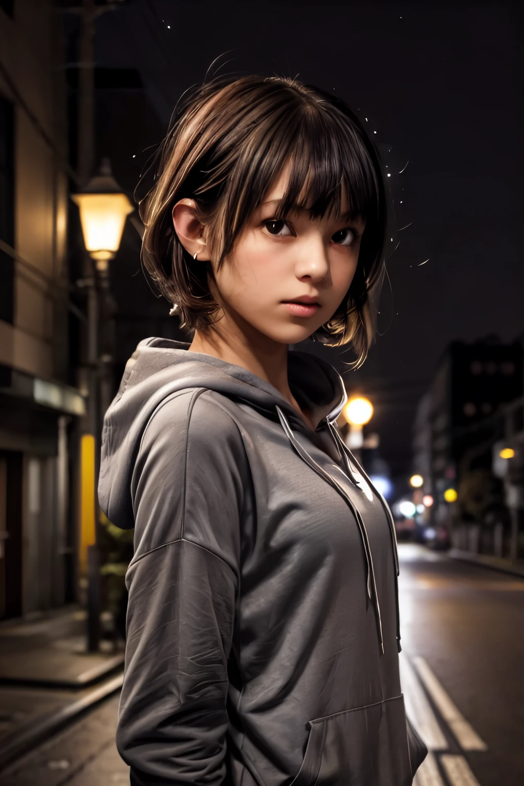 ((best quality, masterpiece, extremely detailed)),1girl, (yo:1.3), (silhouette lighting:1.4), medium hair with bangs, (gray hoodie:1.3), medium breast, (upper body:1.5), ((residential area)), tokyo, (midnight, street lights:1.2)